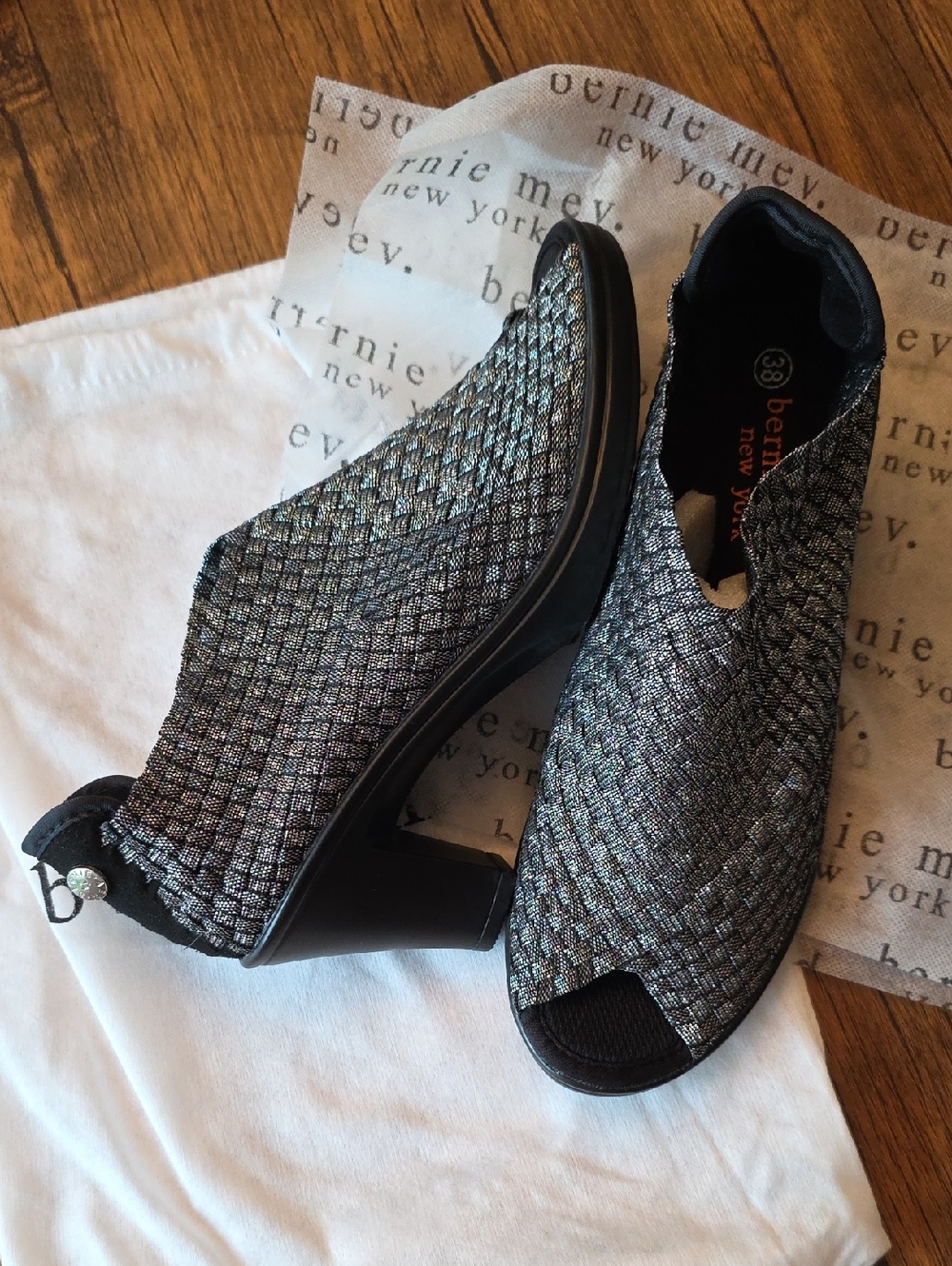 bernie mev. Metallic Silver Claire Peep-Toe Heels
